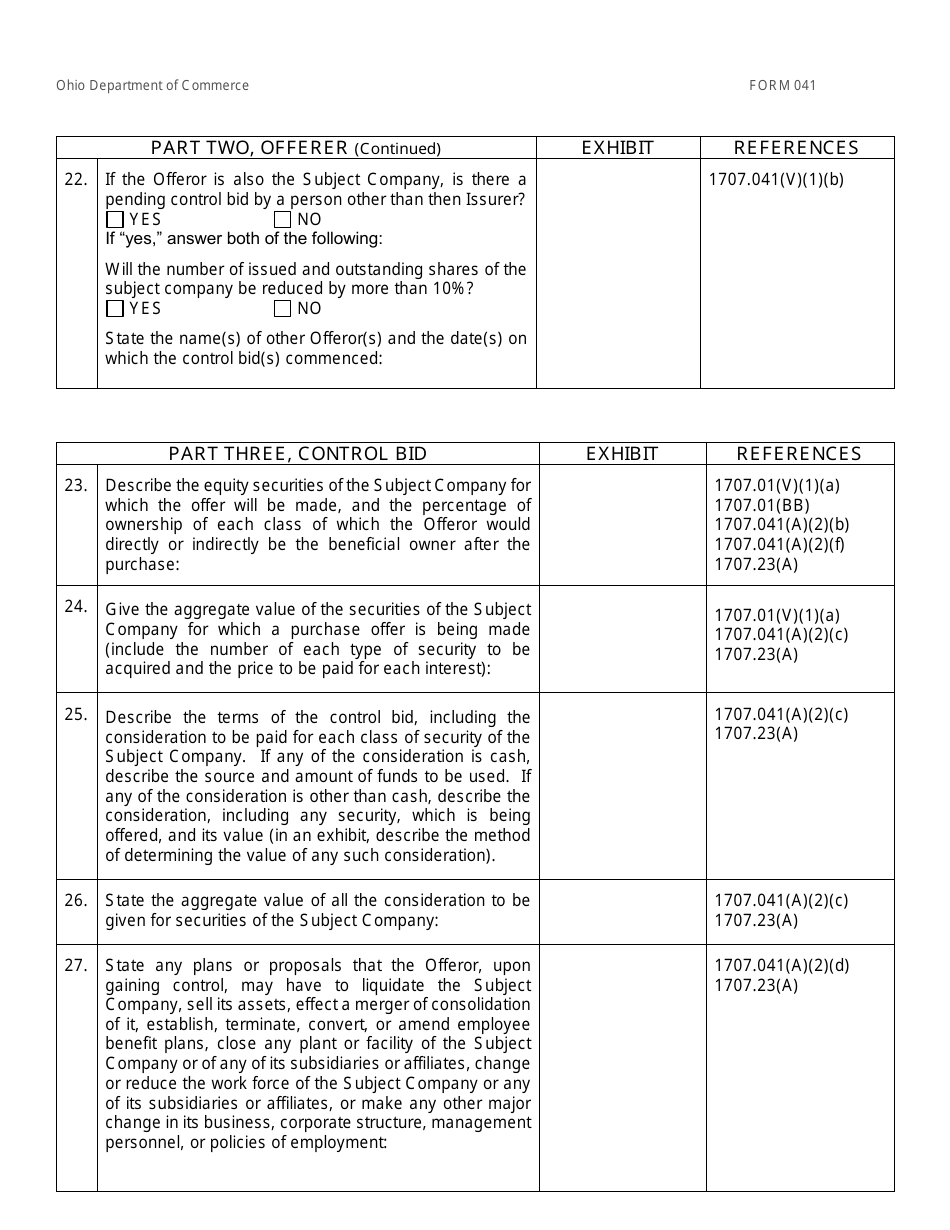 Form 041 (COM4522) Filing of Information Pertaining to a Control Bid - Ohio, Page 5