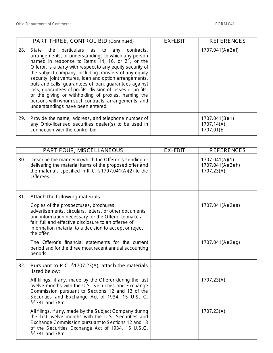 Form 041 (COM4522) Filing of Information Pertaining to a Control Bid - Ohio, Page 6