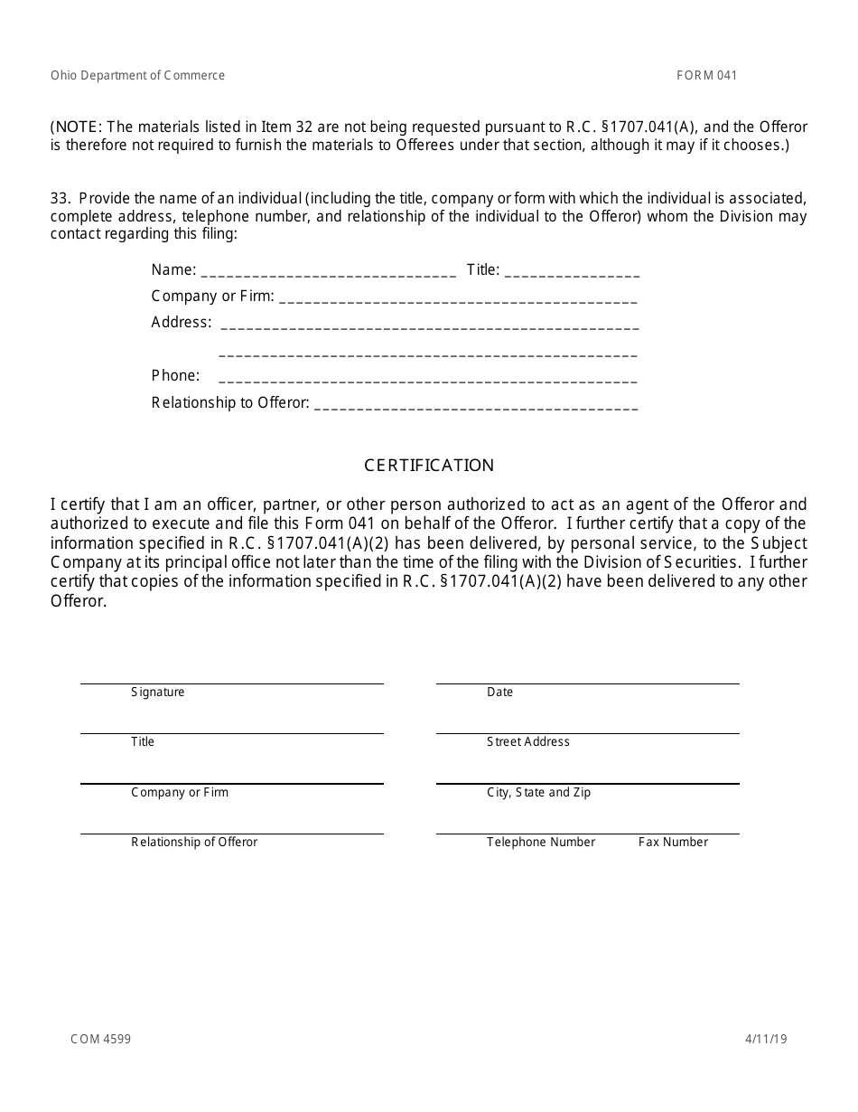 Form 041 (COM4522) Filing of Information Pertaining to a Control Bid - Ohio, Page 7