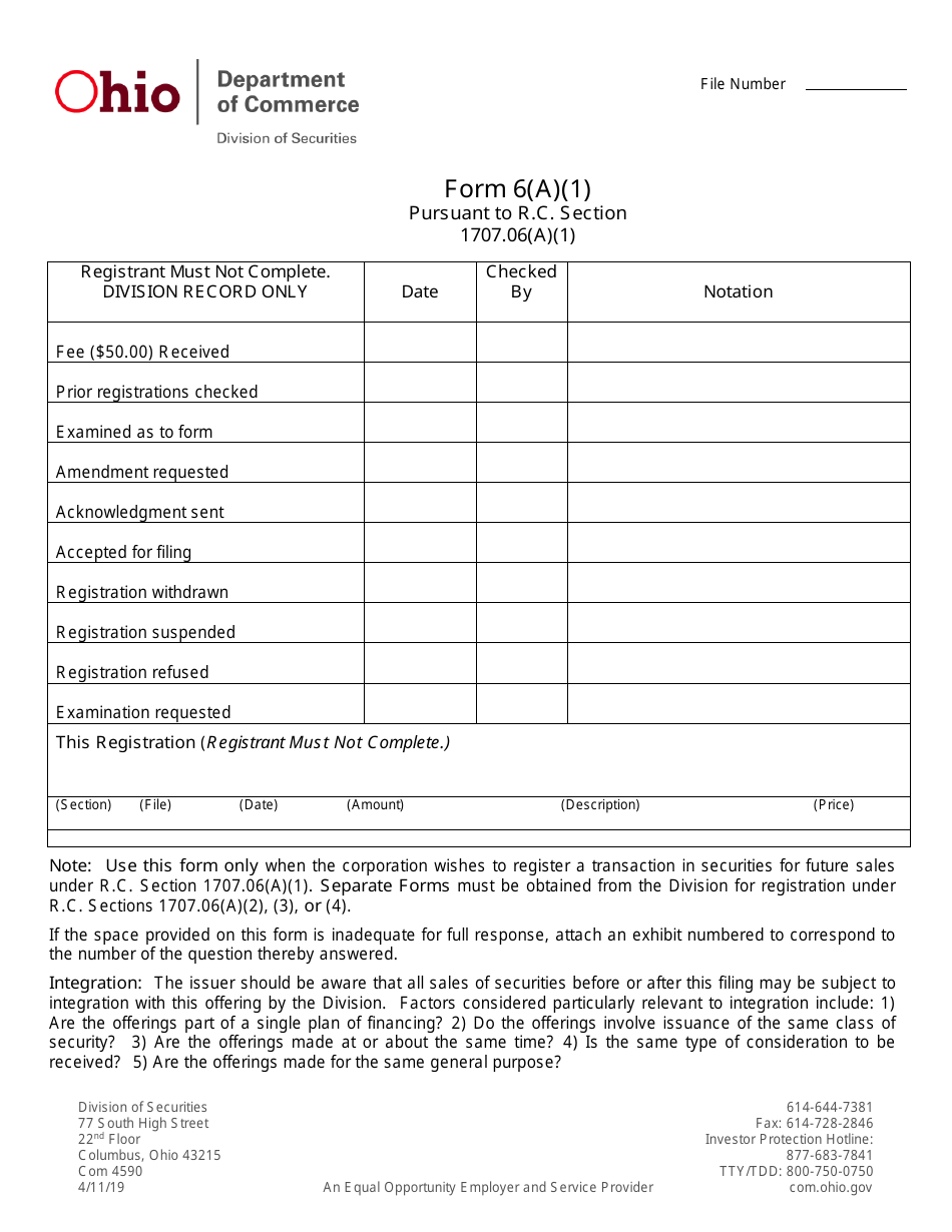 Form 6(A)(1) (COM4590) Register a Transaction in Securities for Future Sales First Form - Ohio, Page 1