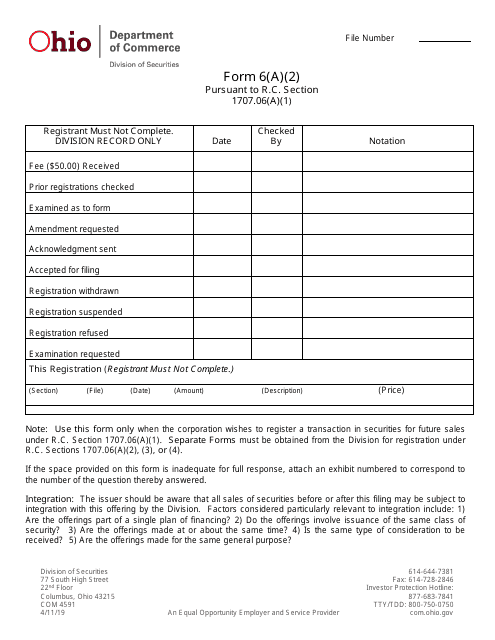 Form 6(A)(2) (COM4591) Register a Transaction in Securities for Future Sales Second Form - Ohio