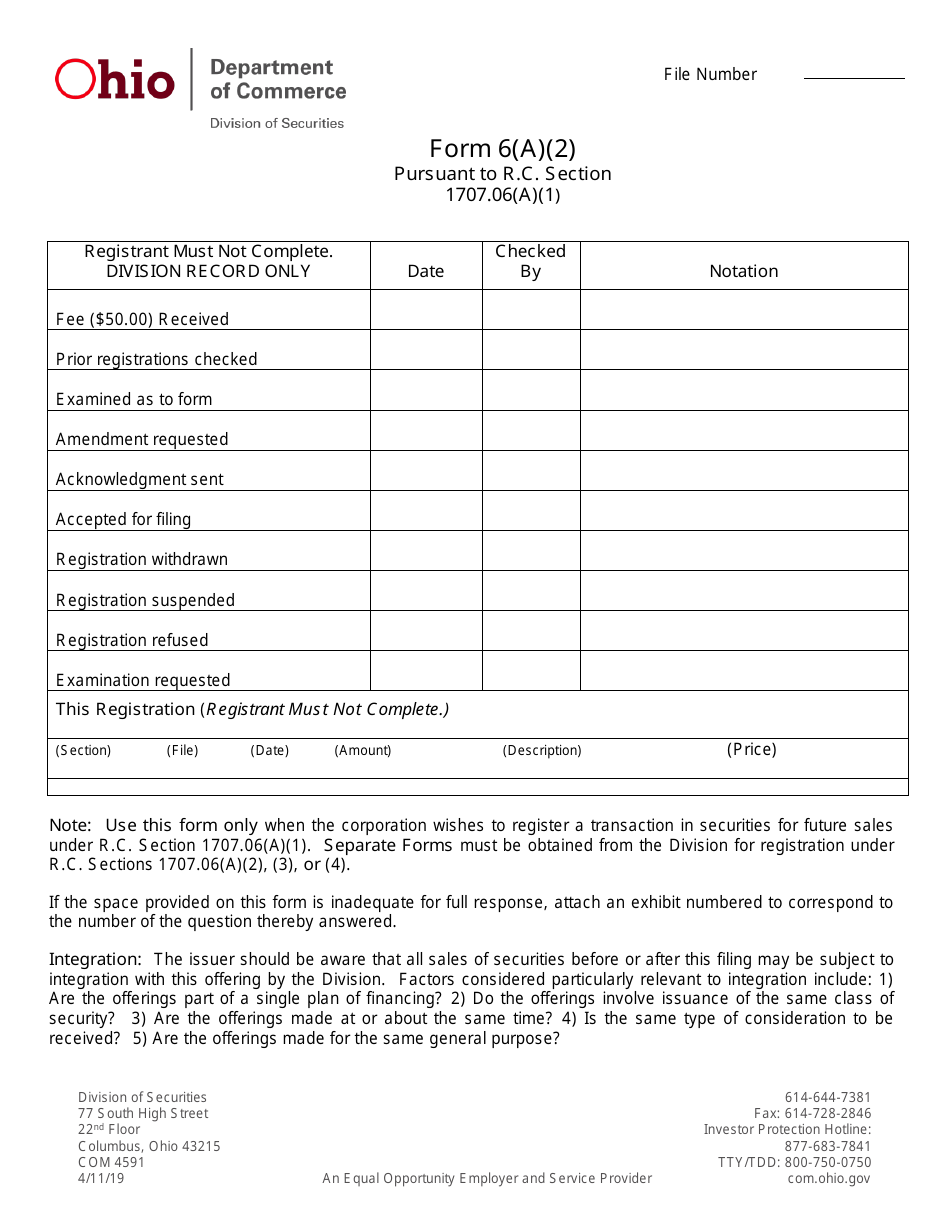 Form 6(A)(2) (COM4591) Register a Transaction in Securities for Future Sales Second Form - Ohio, Page 1