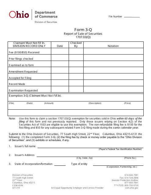 Form 3-Q (COM4596) Report of Sale of Securities - Ohio