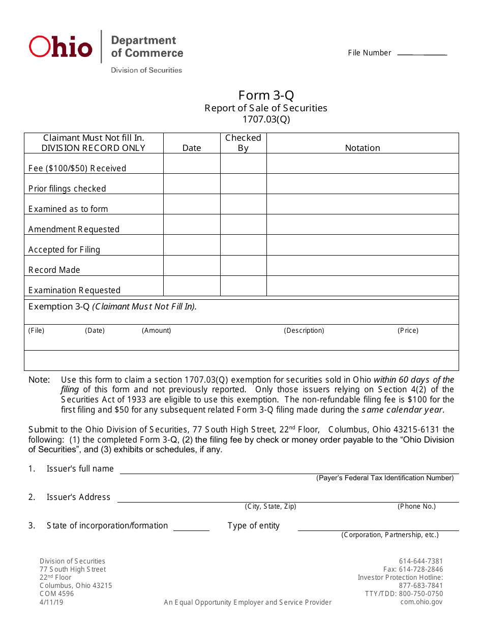 Form 3-Q (COM4596) Report of Sale of Securities - Ohio, Page 1