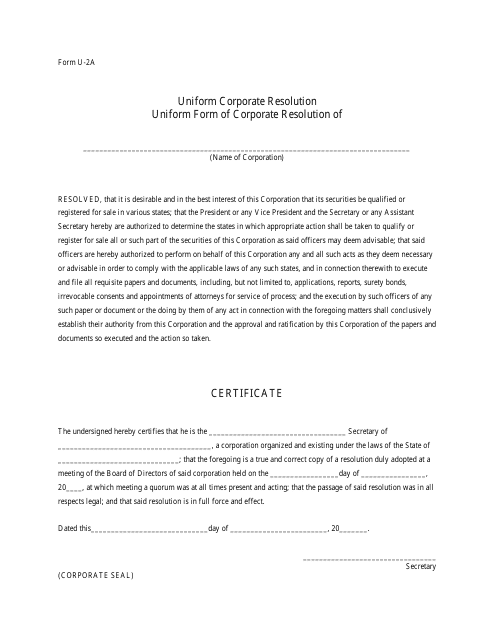 Form U-2A Uniform Corporate Resolution