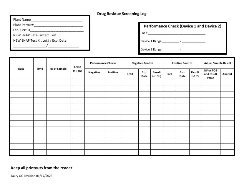 Drug Residue Screening Log - Illinois