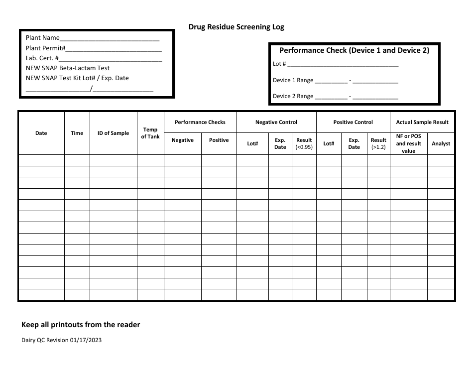 Drug Residue Screening Log - Illinois, Page 1