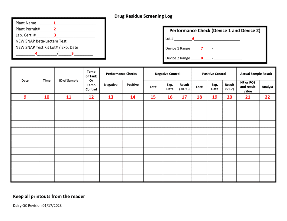 Instructions for Drug Residue Screening Log - Illinois, Page 1