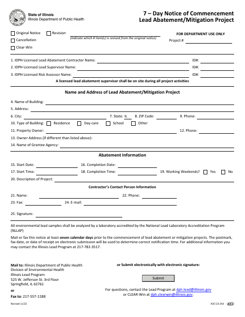 7 - Day Notice of Commencement Lead Abatement / Mitigation Project - Illinois Download Pdf