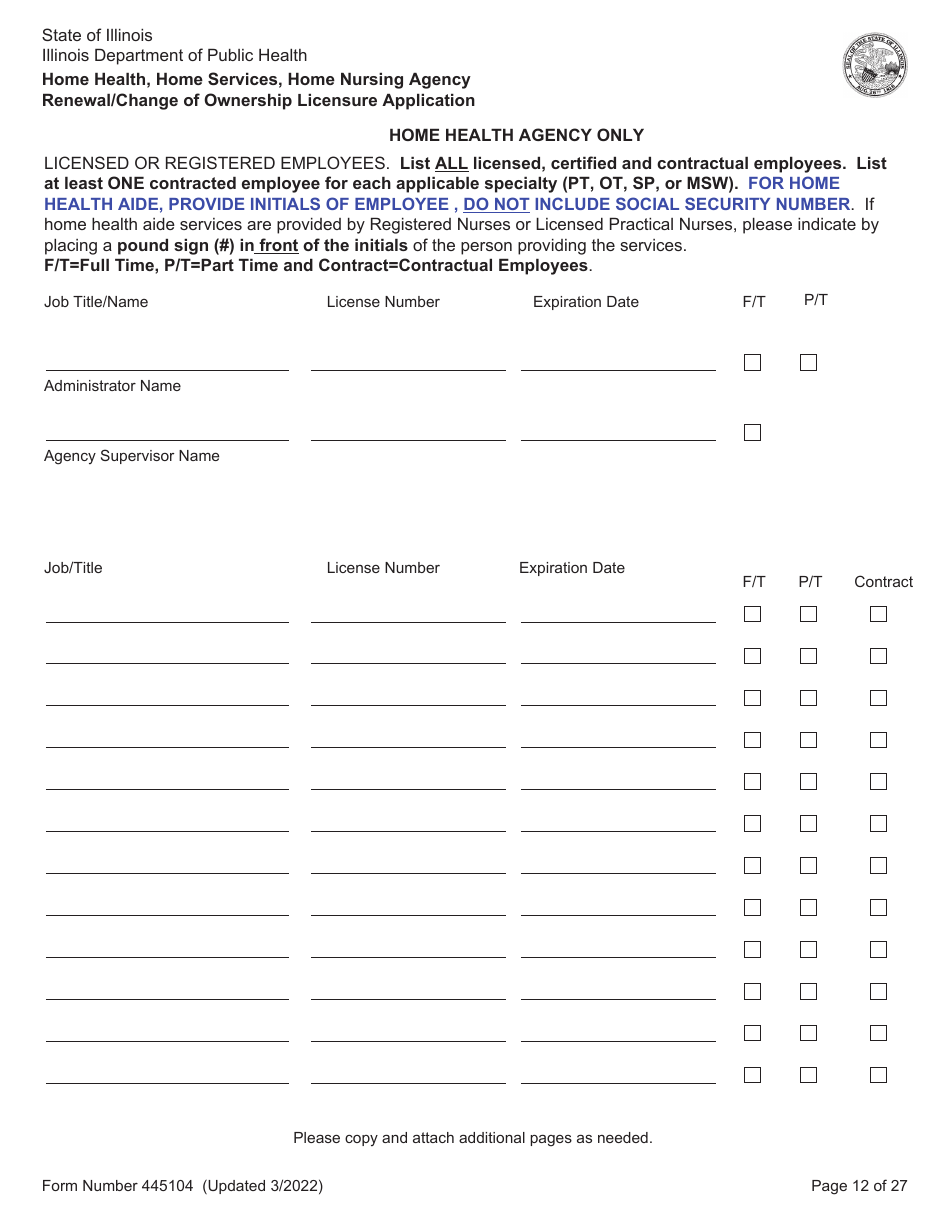 Form 445104 Home Health, Home Services, Home Nursing Agency Renewal / Change of Ownership Licensure Application - Illinois, Page 12