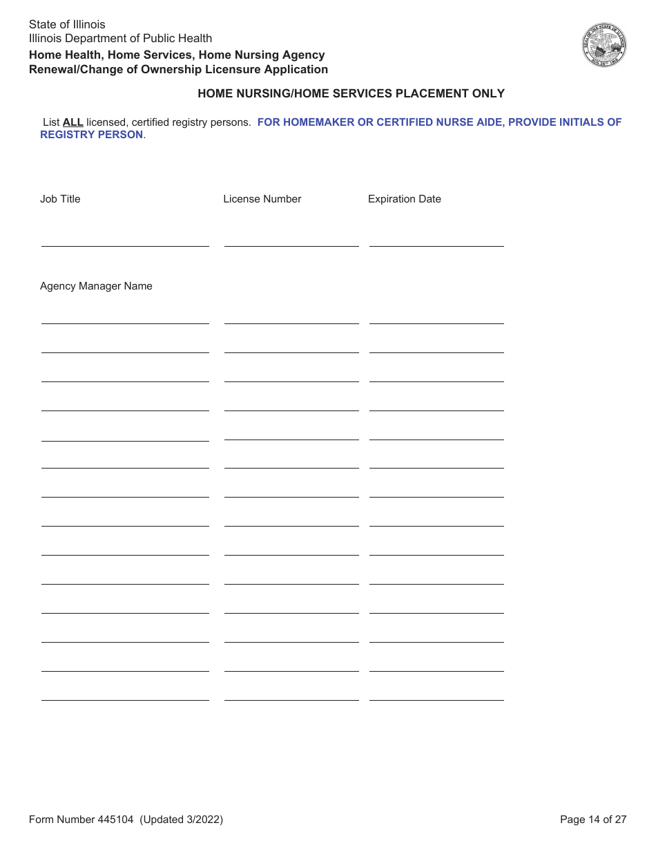 Form 445104 Home Health, Home Services, Home Nursing Agency Renewal / Change of Ownership Licensure Application - Illinois, Page 14