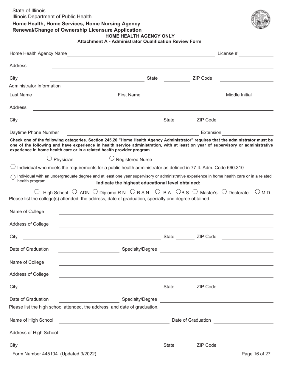 Form 445104 Home Health, Home Services, Home Nursing Agency Renewal / Change of Ownership Licensure Application - Illinois, Page 16