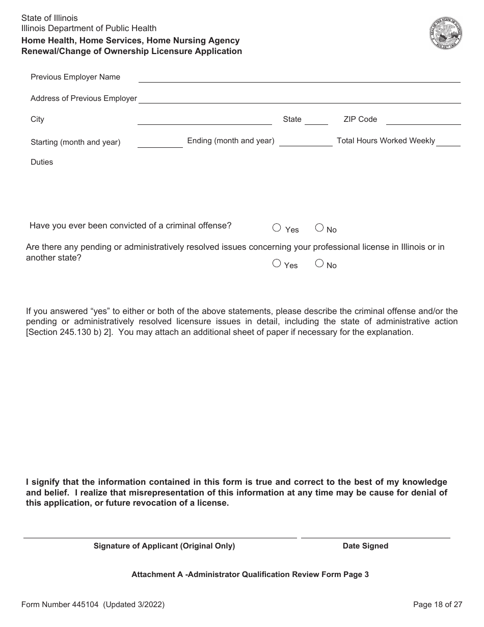 Form 445104 Home Health, Home Services, Home Nursing Agency Renewal / Change of Ownership Licensure Application - Illinois, Page 18