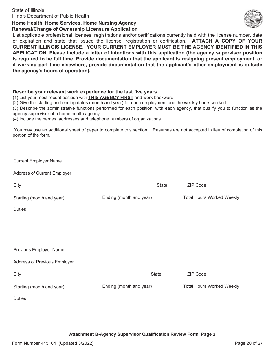 Form 445104 Home Health, Home Services, Home Nursing Agency Renewal / Change of Ownership Licensure Application - Illinois, Page 20