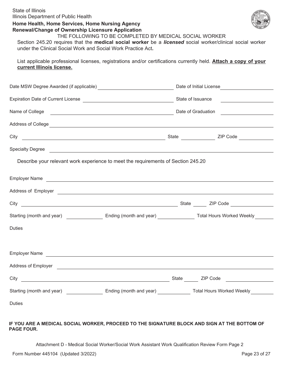 Form 445104 Home Health, Home Services, Home Nursing Agency Renewal / Change of Ownership Licensure Application - Illinois, Page 23