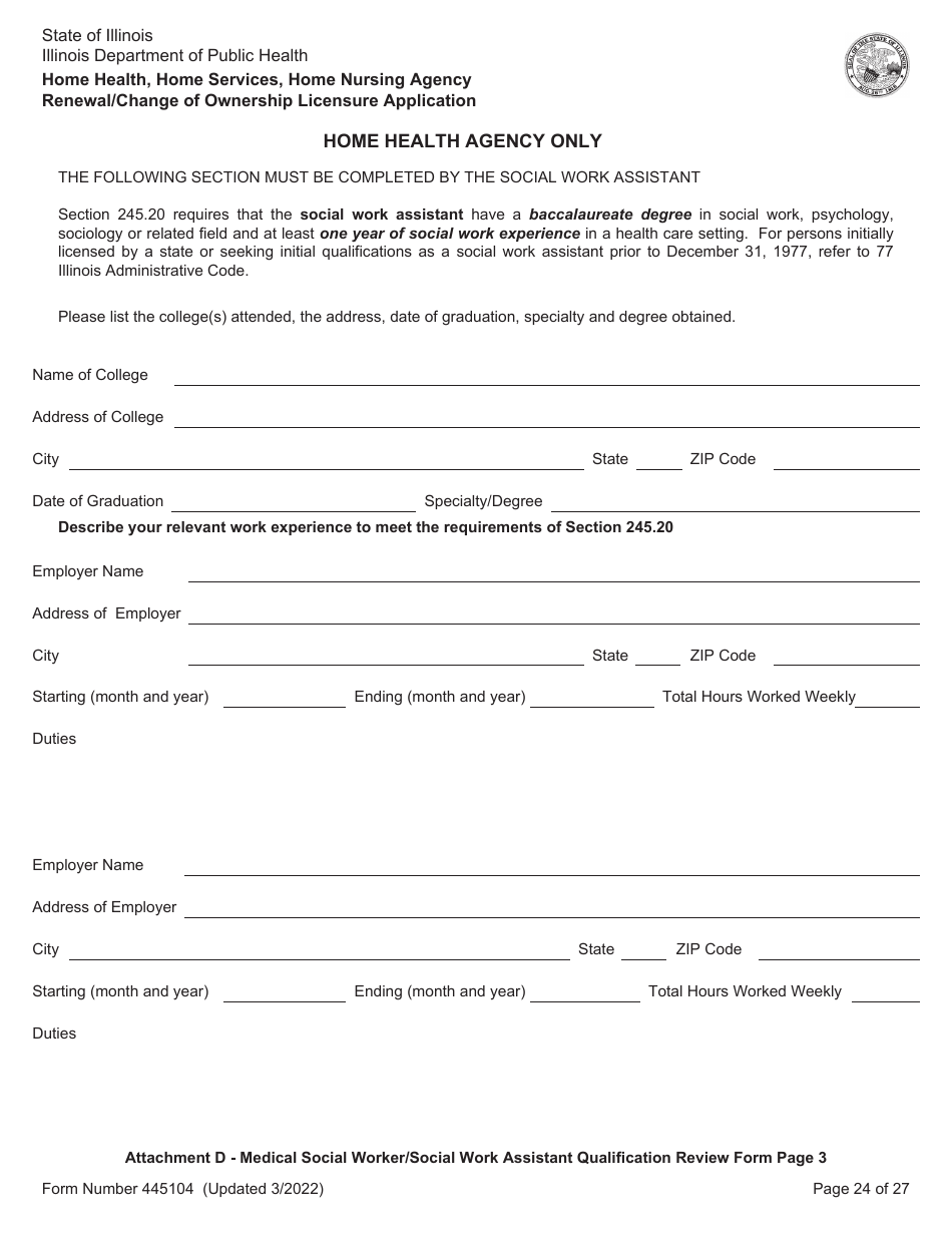 Form 445104 Home Health, Home Services, Home Nursing Agency Renewal / Change of Ownership Licensure Application - Illinois, Page 24
