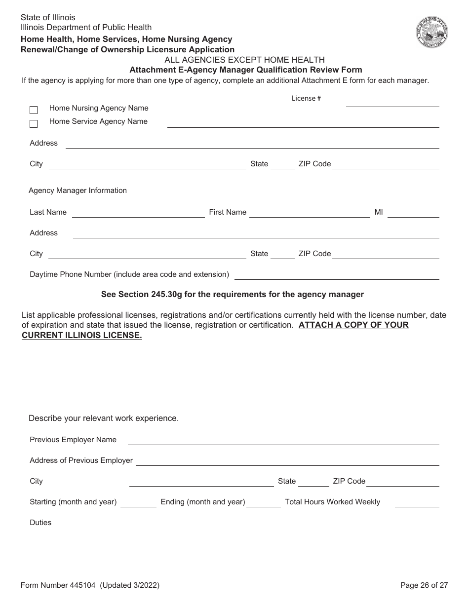 Form 445104 Home Health, Home Services, Home Nursing Agency Renewal / Change of Ownership Licensure Application - Illinois, Page 26