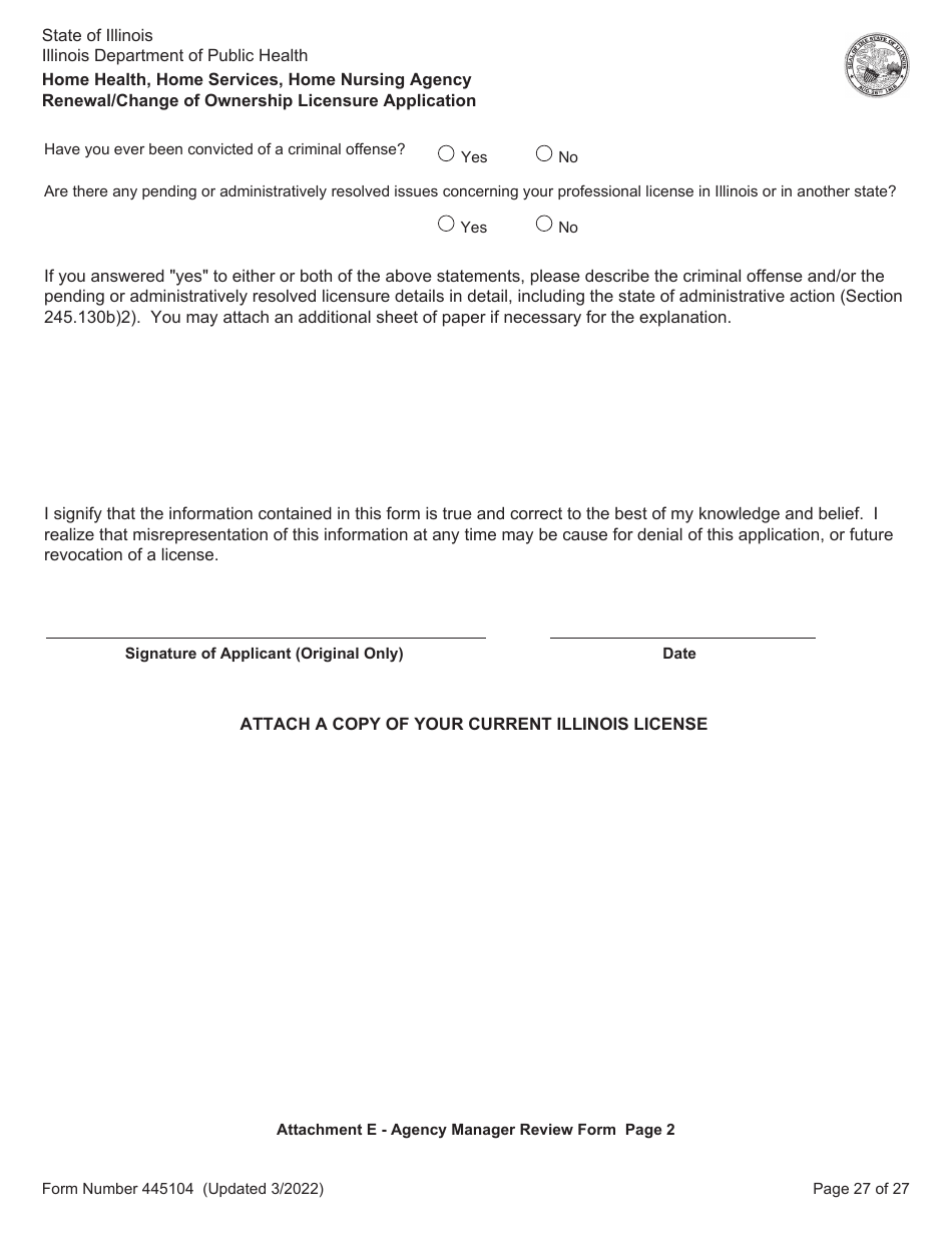 Form 445104 Home Health, Home Services, Home Nursing Agency Renewal / Change of Ownership Licensure Application - Illinois, Page 27