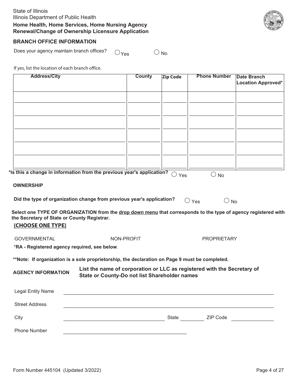 Form 445104 Home Health, Home Services, Home Nursing Agency Renewal / Change of Ownership Licensure Application - Illinois, Page 4
