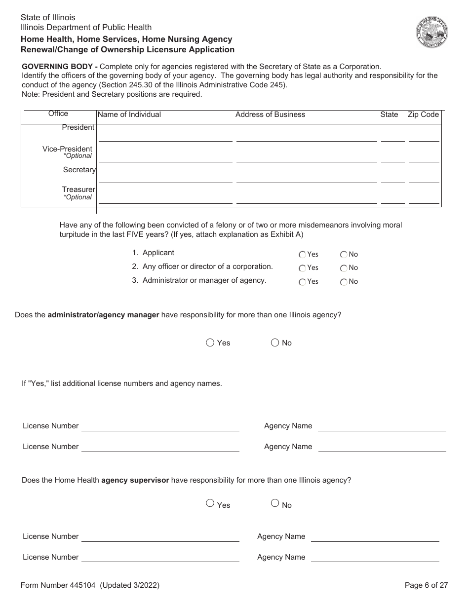 Form 445104 Home Health, Home Services, Home Nursing Agency Renewal / Change of Ownership Licensure Application - Illinois, Page 6