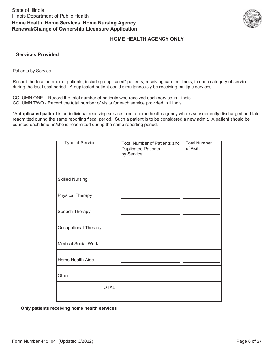 Form 445104 Home Health, Home Services, Home Nursing Agency Renewal / Change of Ownership Licensure Application - Illinois, Page 8