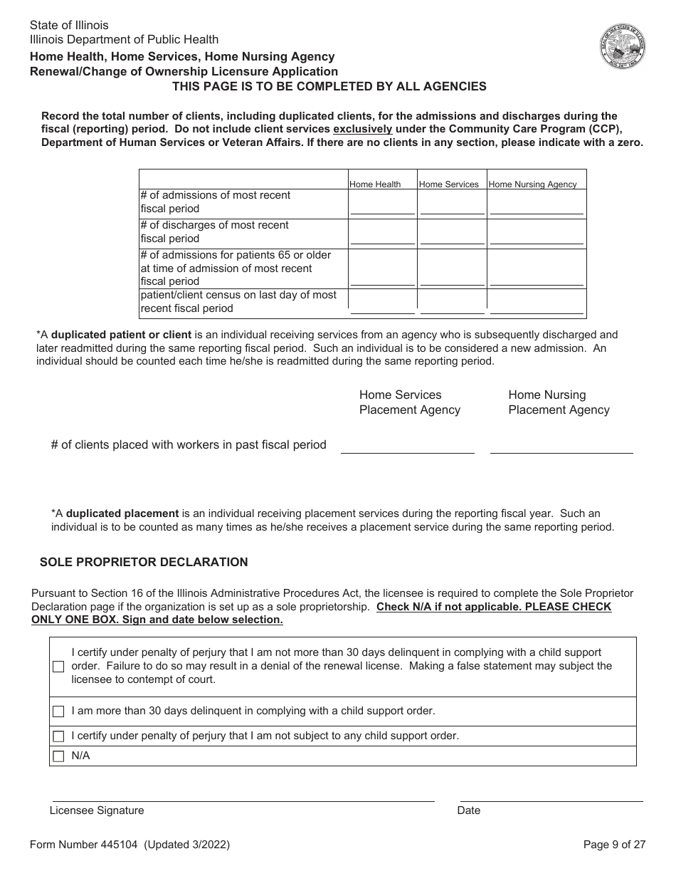 Form 445104 Home Health, Home Services, Home Nursing Agency Renewal / Change of Ownership Licensure Application - Illinois, Page 9