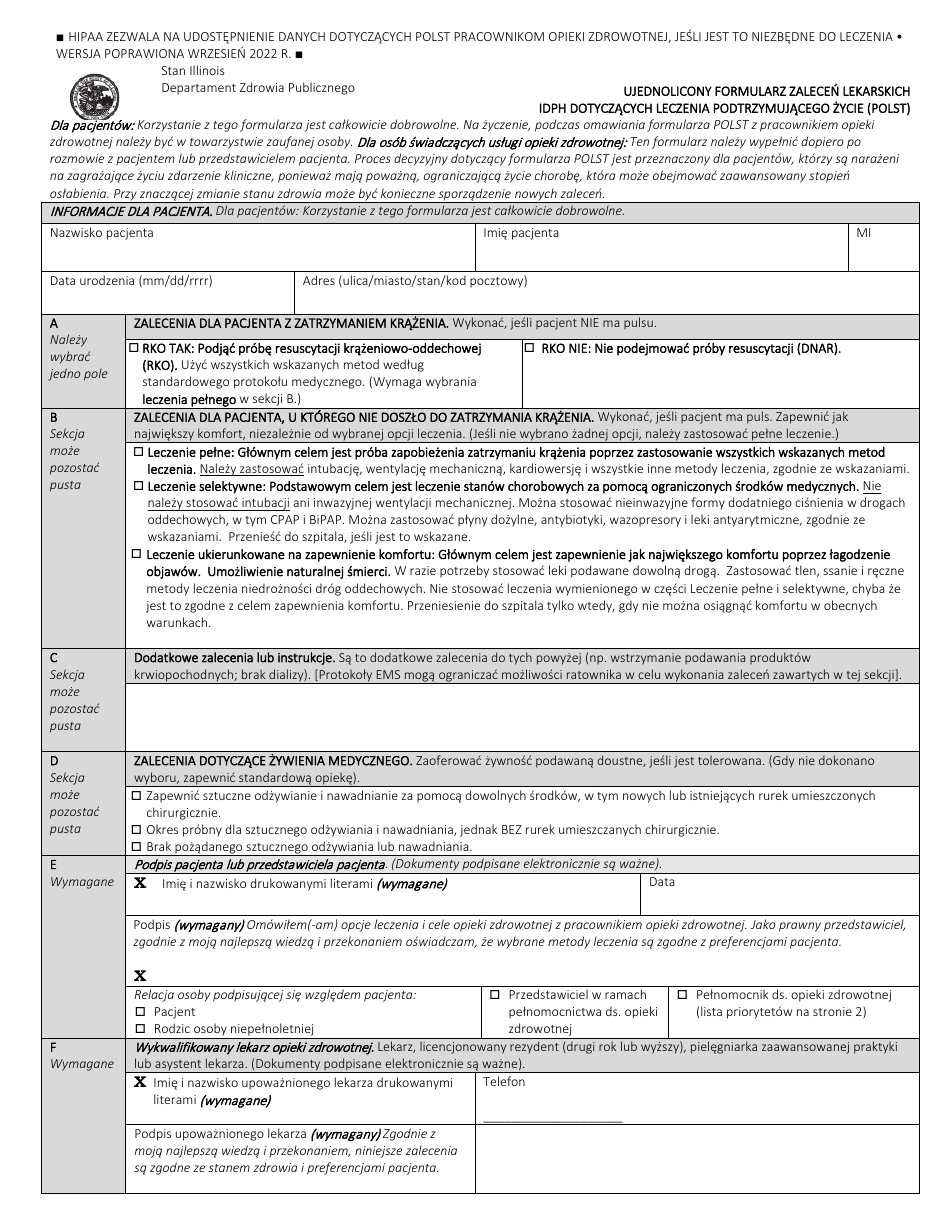 Idph Uniform Practitioner Order for Life-Sustaining Treatment (Polst) Form - Illinois (English / Polish), Page 1
