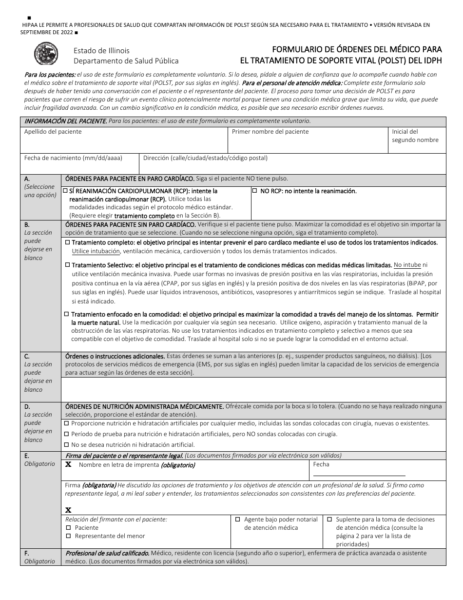 Idph Uniform Practitioner Order for Life-Sustaining Treatment (Polst) Form - Illinois (English / Spanish), Page 1