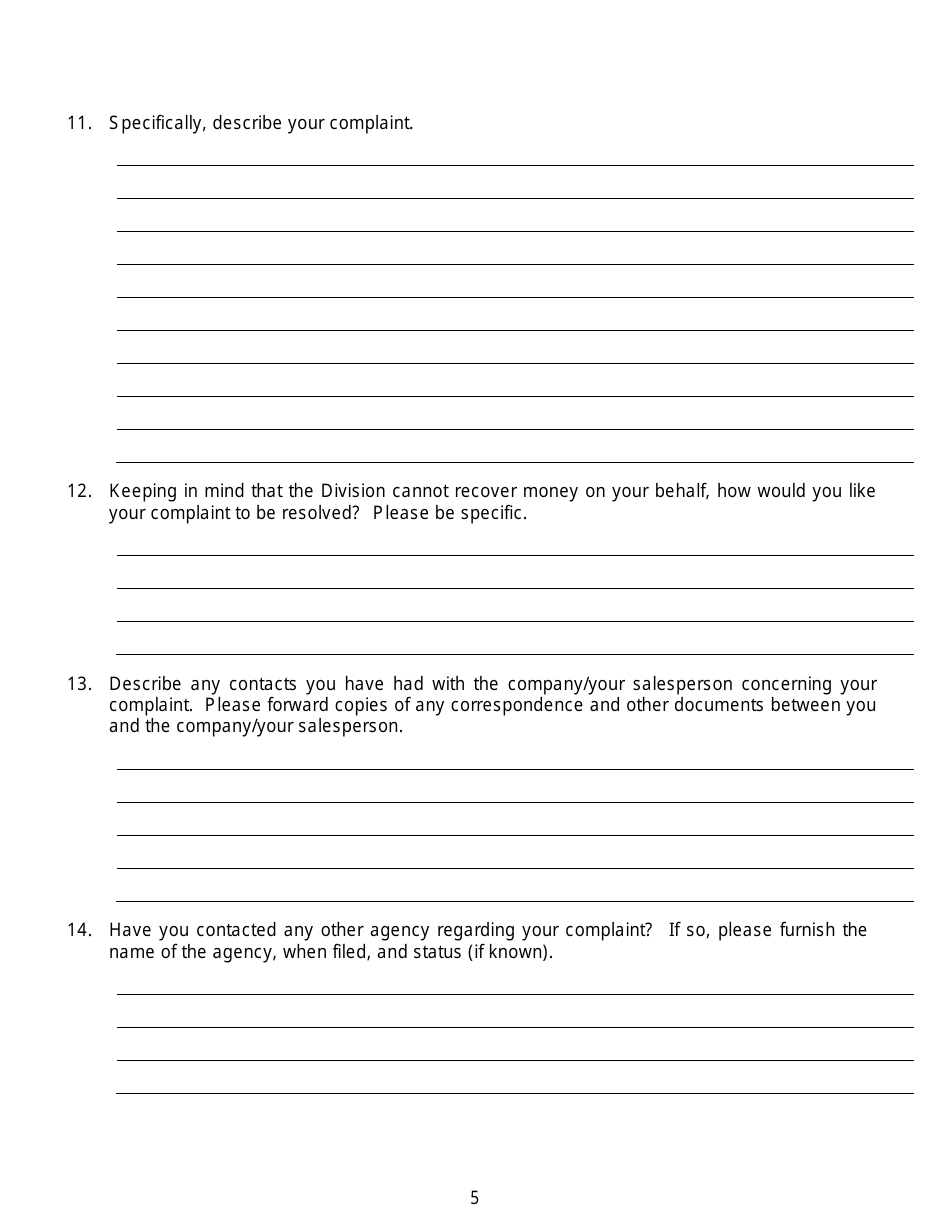 Securities Complaint Form - Ohio, Page 5