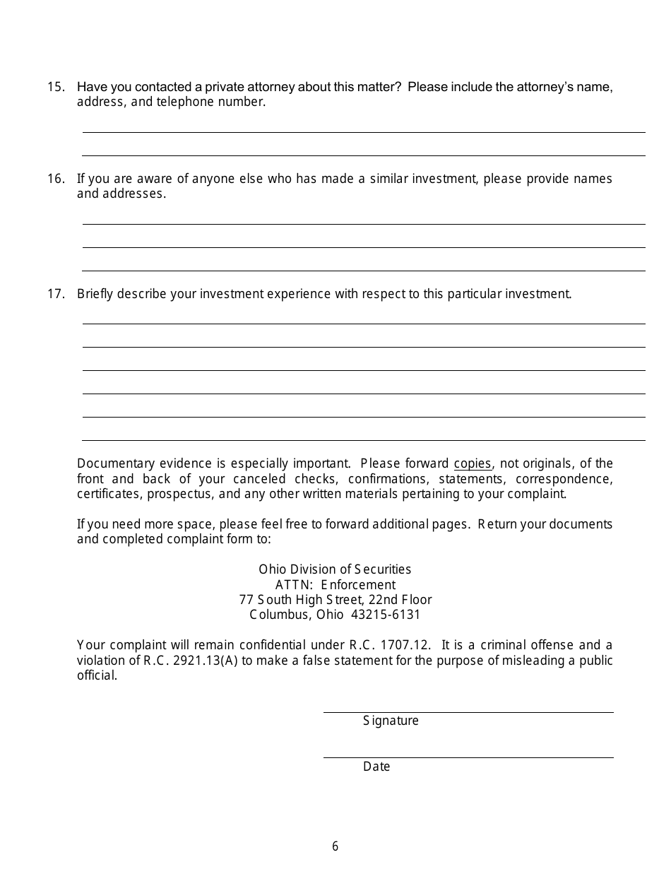 Securities Complaint Form - Ohio, Page 6