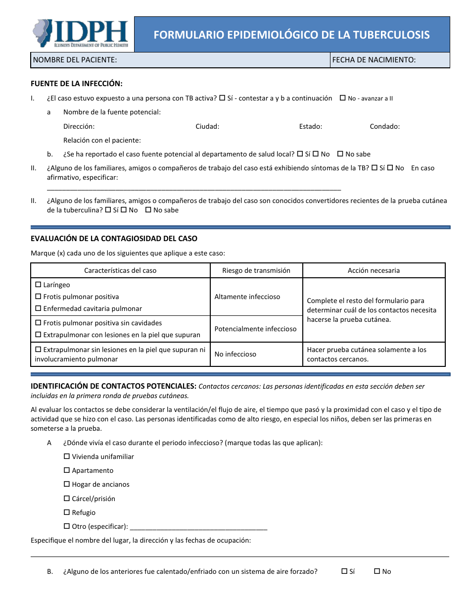 Formulario Epidemiologico De La Tuberculosis - Illinois (Spanish), Page 1