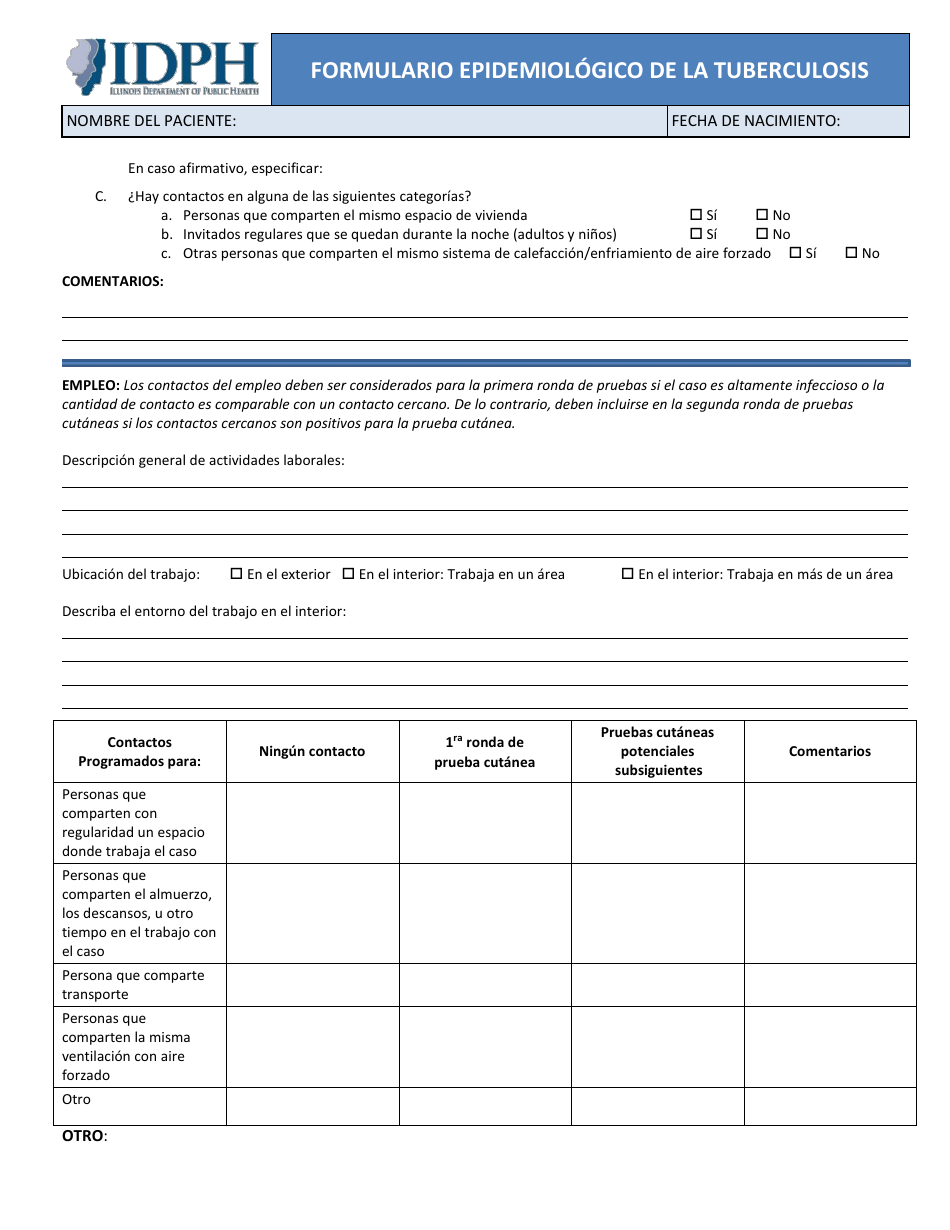 Formulario Epidemiologico De La Tuberculosis - Illinois (Spanish), Page 2