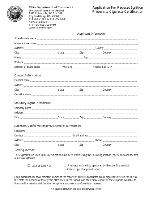 Application for Reduced Ignition Propensity Cigarette Certification - Ohio Download Pdf