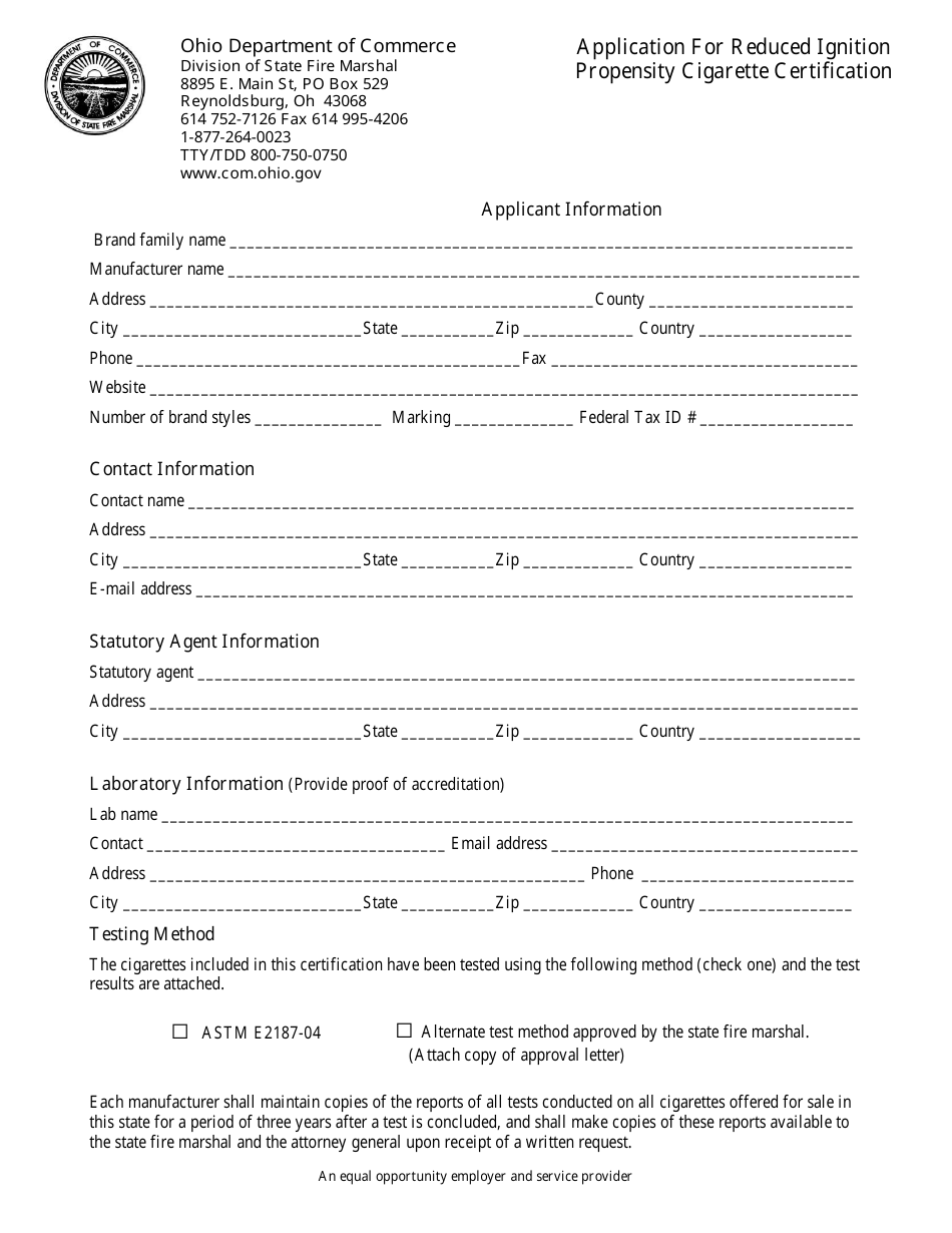 Application for Reduced Ignition Propensity Cigarette Certification - Ohio, Page 1