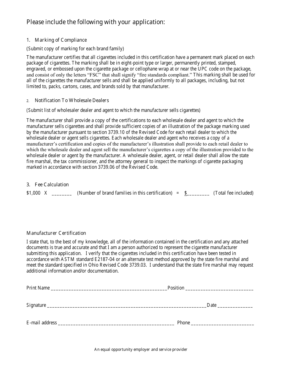 Application for Reduced Ignition Propensity Cigarette Certification - Ohio, Page 3