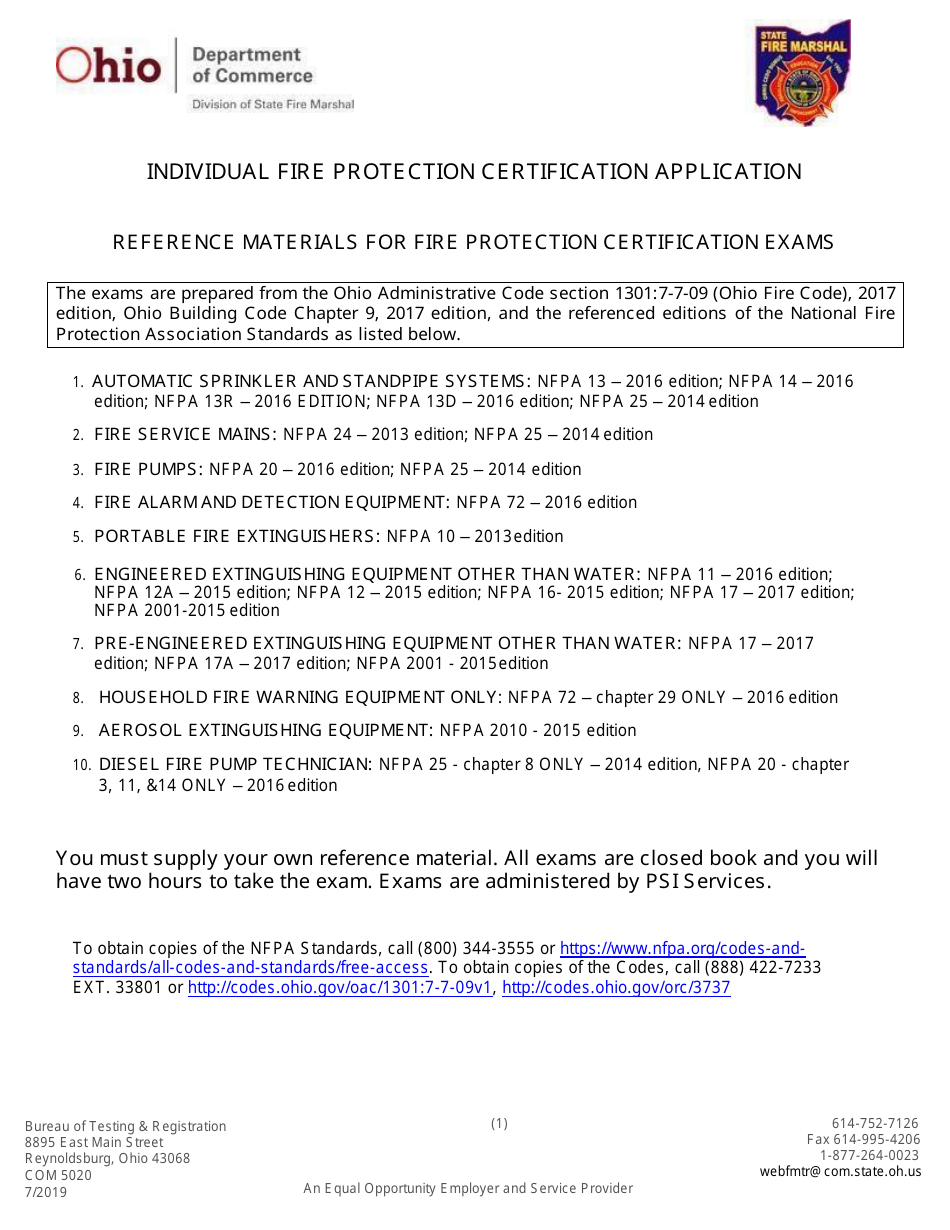 Form COM5020 Application for Individual Fire Protection Certification - Ohio, Page 1