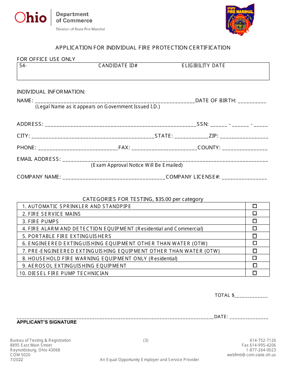 Form COM5020 Application for Individual Fire Protection Certification - Ohio, Page 3