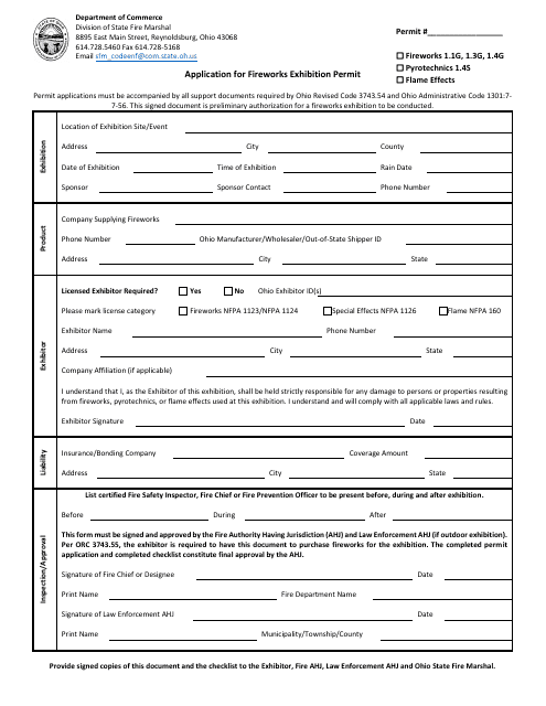 Application for Fireworks Exhibition Permit - Ohio Download Pdf