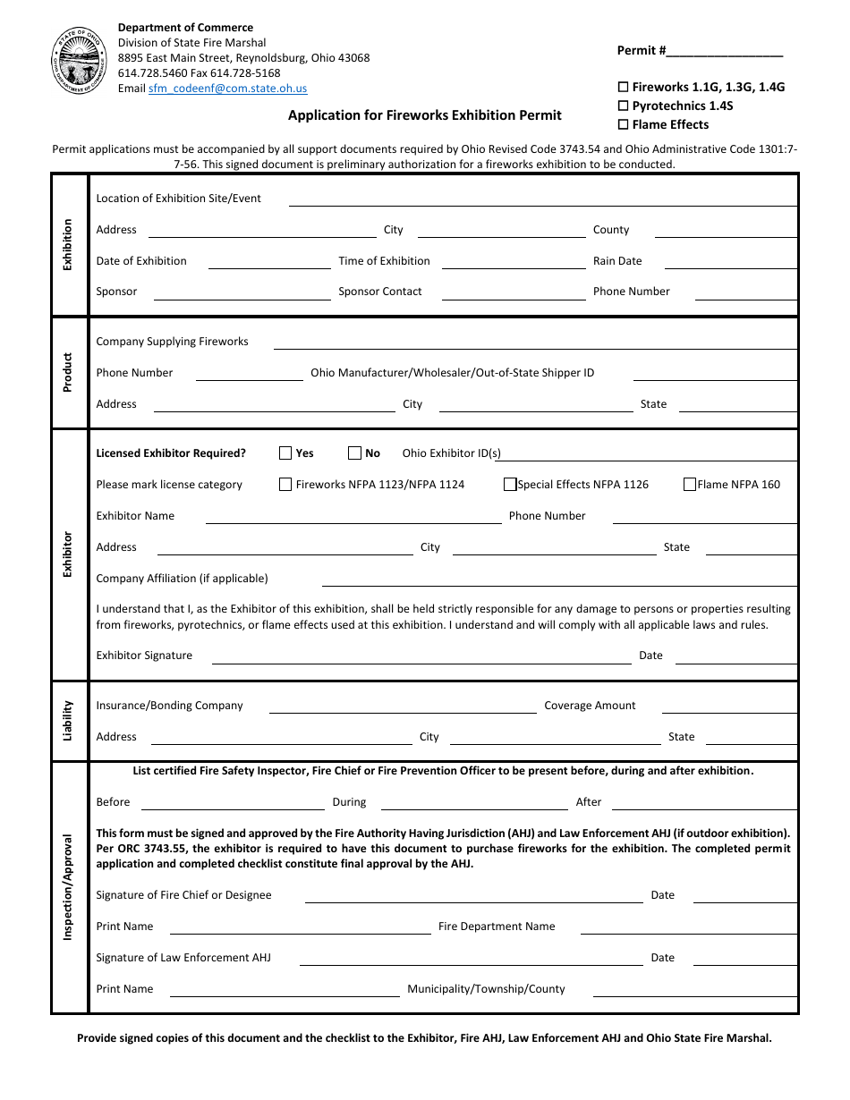 Application for Fireworks Exhibition Permit - Ohio, Page 1