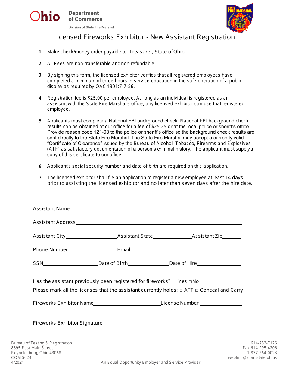 Form COM5024 Licensed Fireworks Exhibitor - New Assistant Registration - Ohio, Page 1