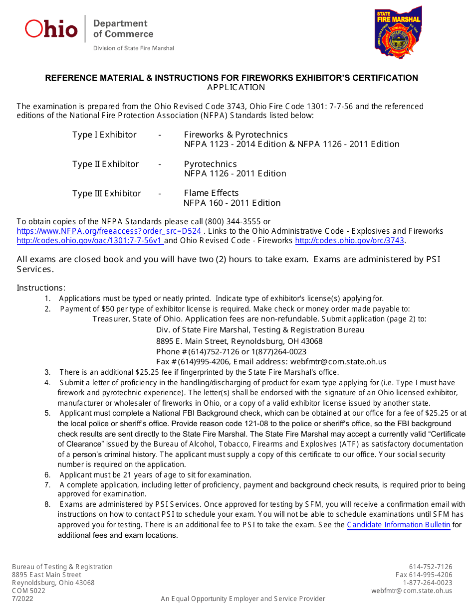 Form COM5022 Application for Exhibitor License - Ohio, Page 1