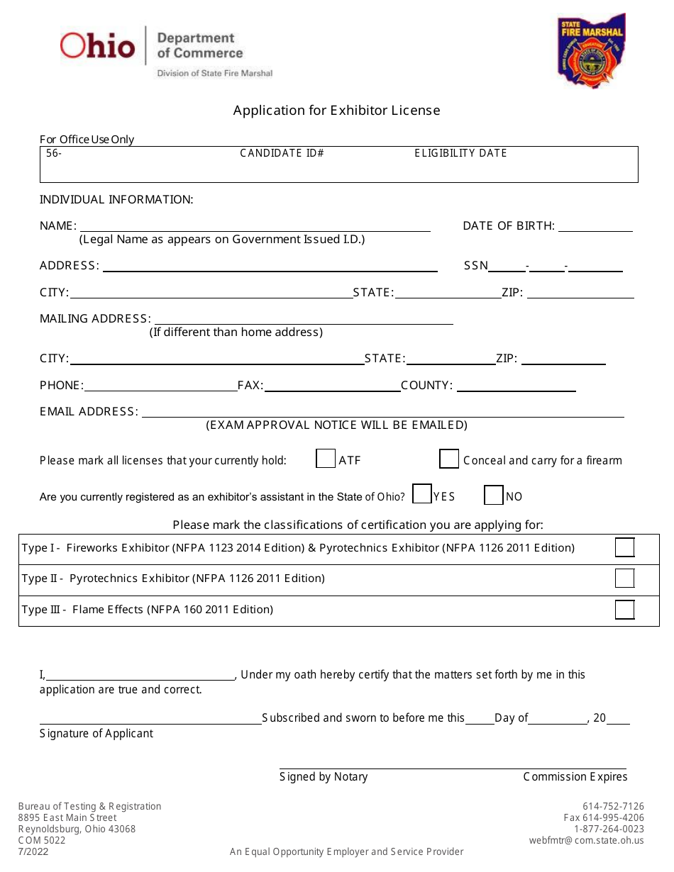 Form COM5022 Application for Exhibitor License - Ohio, Page 2