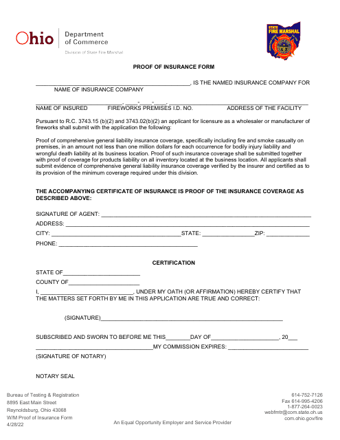 Proof of Insurance Form - Ohio Download Pdf