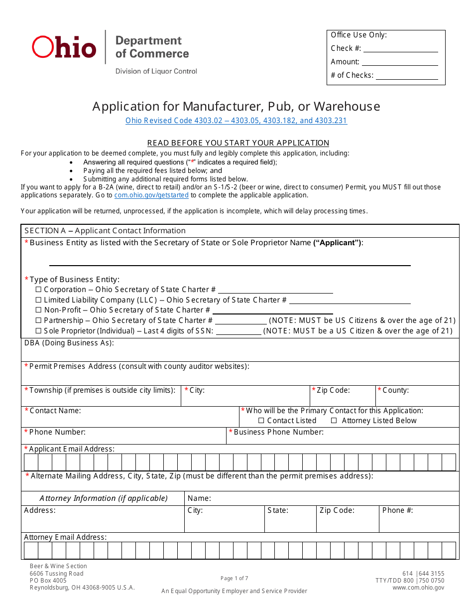 Form DLC4174 Application for Manufacturer, Pub, or Warehouse - Ohio, Page 1