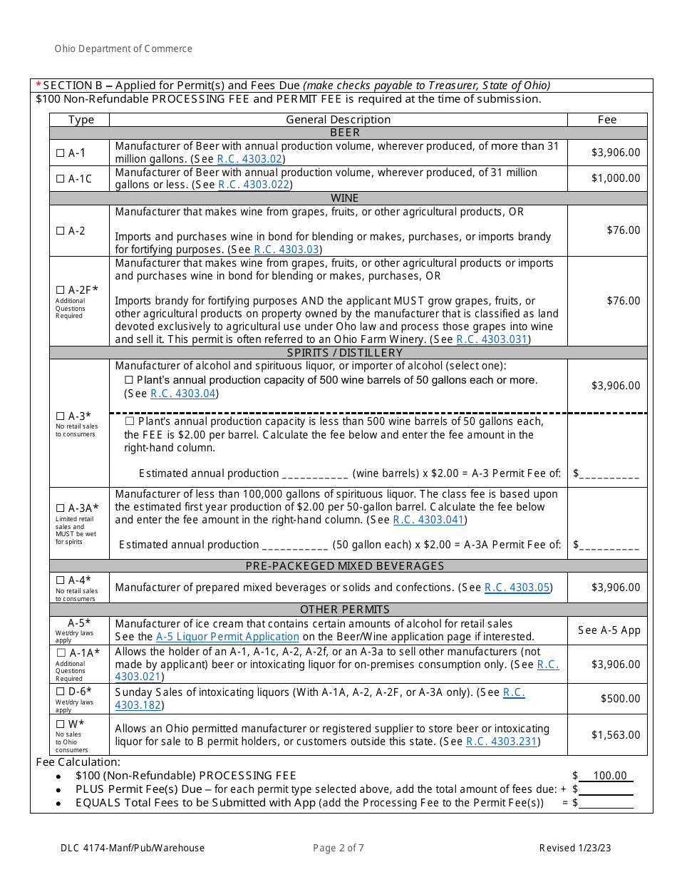 Form DLC4174 Application for Manufacturer, Pub, or Warehouse - Ohio, Page 2