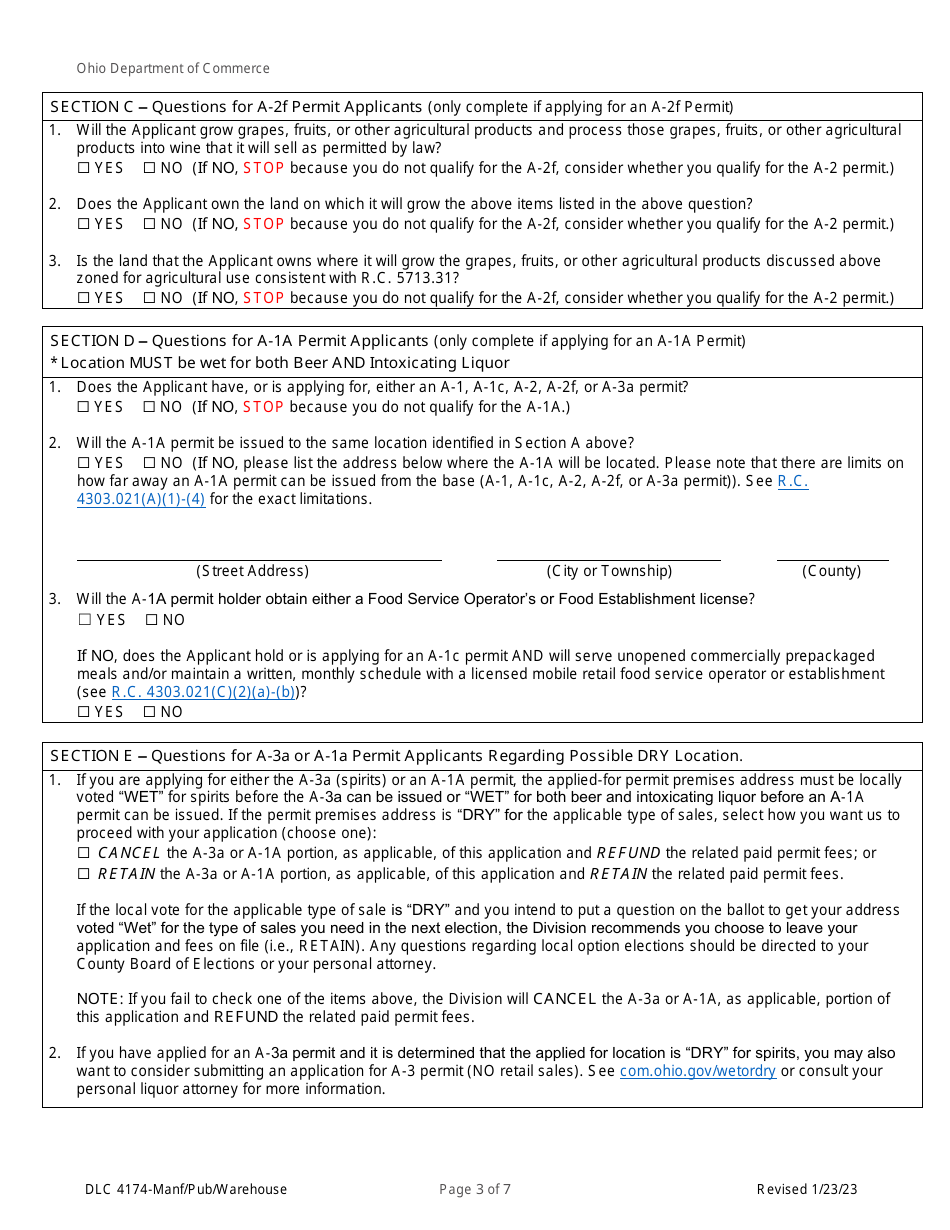 Form DLC4174 Application for Manufacturer, Pub, or Warehouse - Ohio, Page 3