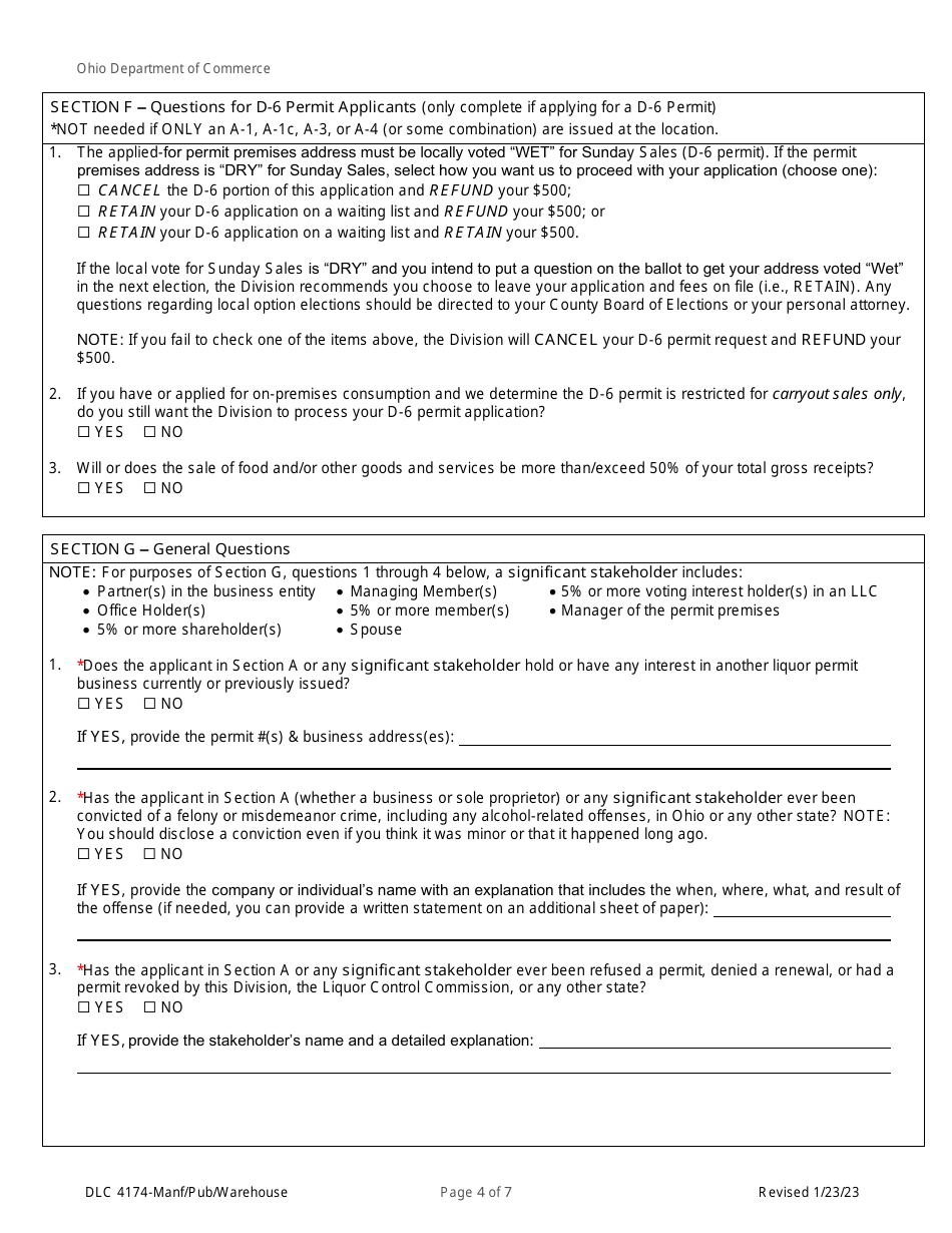 Form DLC4174 Application for Manufacturer, Pub, or Warehouse - Ohio, Page 4