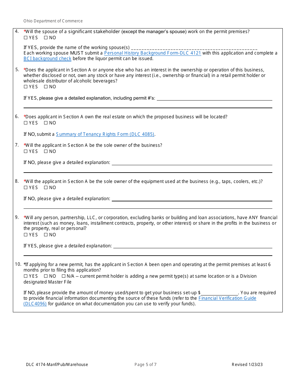 Form DLC4174 Application for Manufacturer, Pub, or Warehouse - Ohio, Page 5