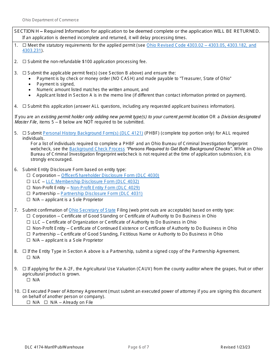 Form DLC4174 Application for Manufacturer, Pub, or Warehouse - Ohio, Page 6