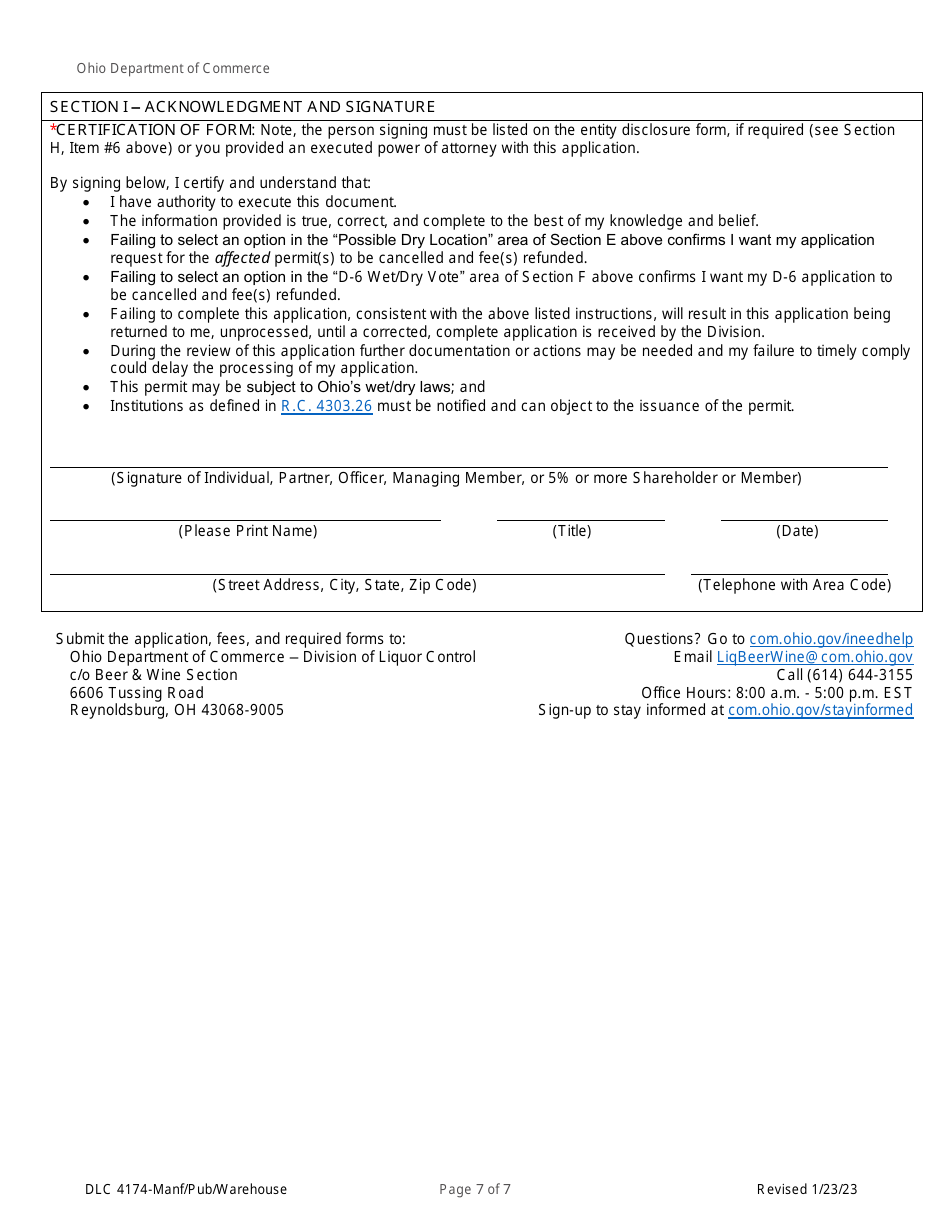 Form DLC4174 Application for Manufacturer, Pub, or Warehouse - Ohio, Page 7